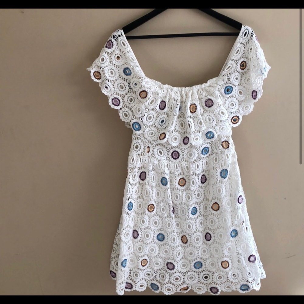 Lovers + Friends White Crochet Off Shoulder Dream Vaca Casual Dress